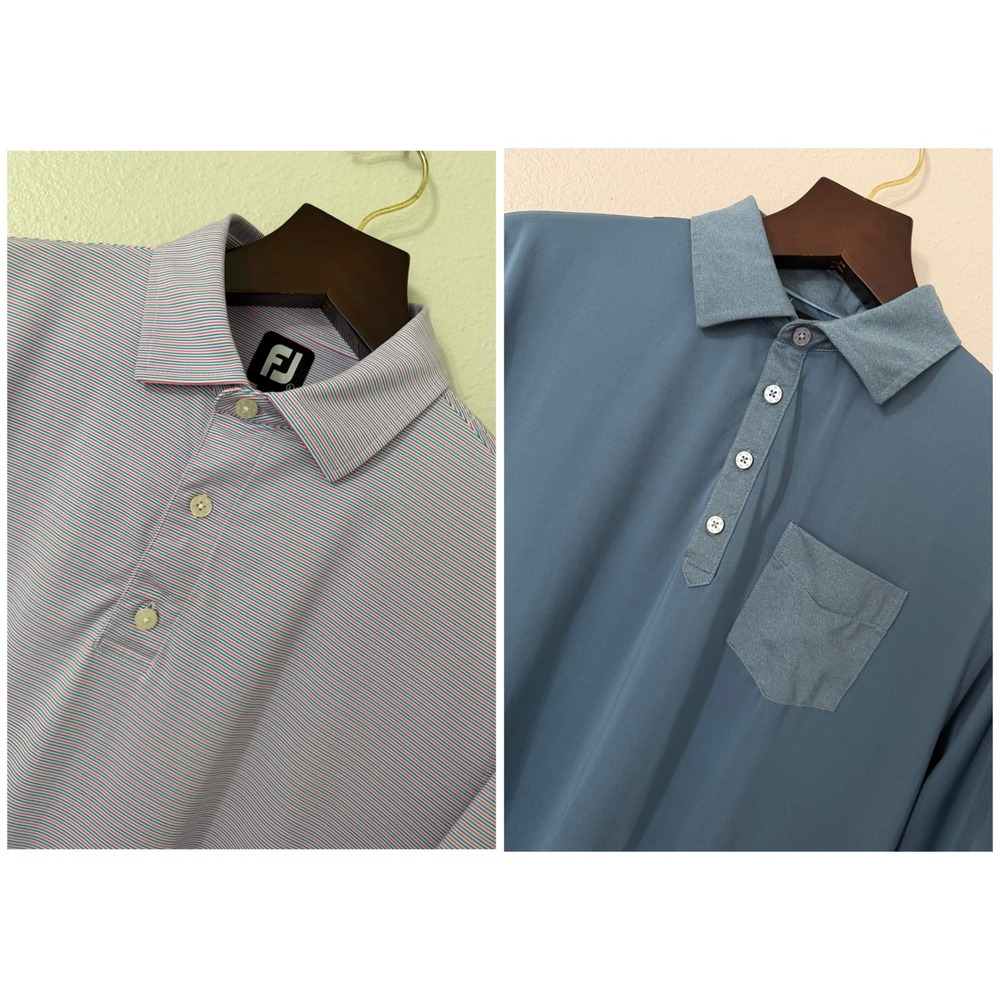 Lot of 2 FootJoy Mens Golf Polos Teal Blue Solid and Striped‎ Short Sleeve Large